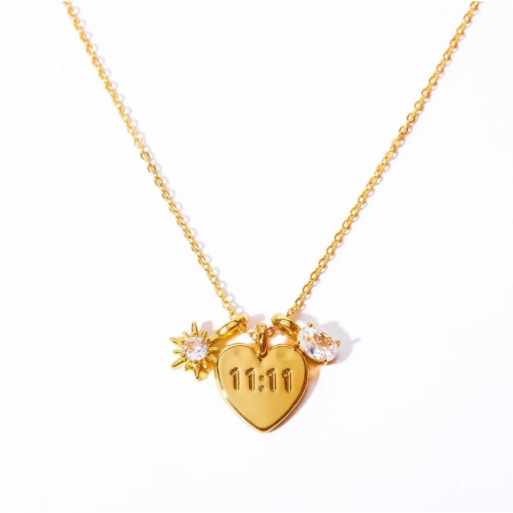 11:11 Angel Number Heart Necklace Rhinestone Charms 18K Gold Plated - Picture 2 of 4